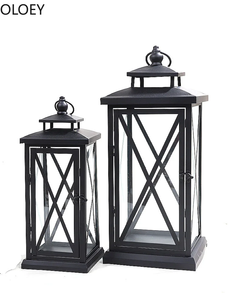 Large Glass Candle Holders Wedding Decorations Garden Black European Lamp Retro Iron Candle Holder Lantern Outdoor Christmas New