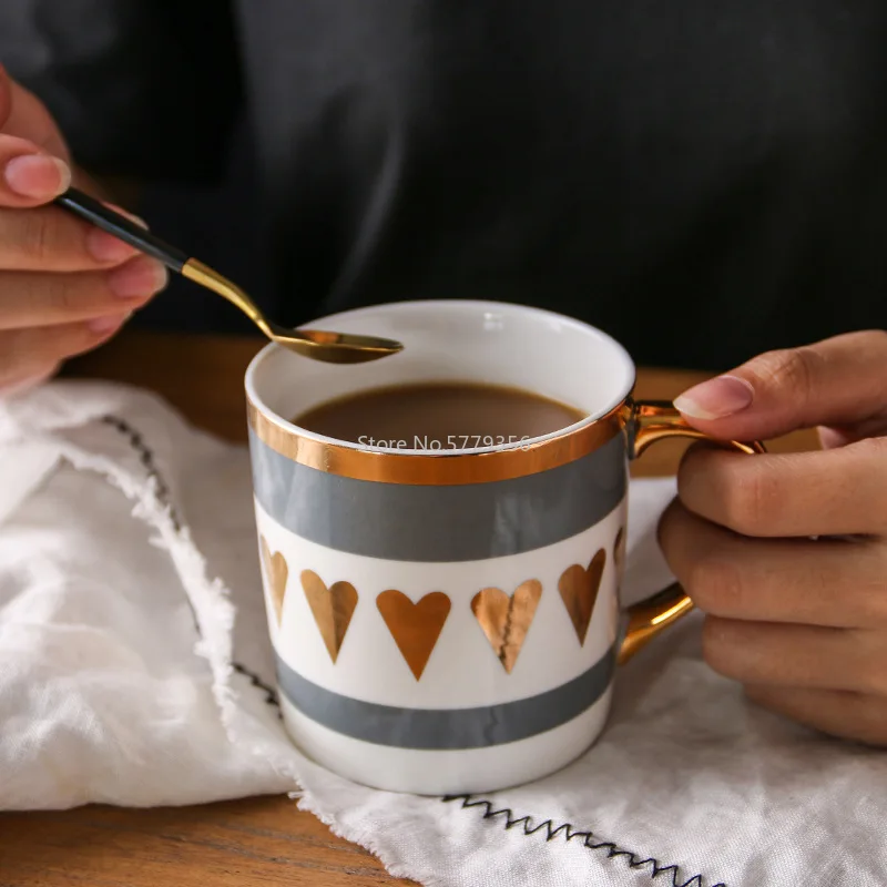 Caneca de cerâmica dourada, caneca de café de porcelana, osso da china, leite, chá, amor, coração, listra, criativa, copo de café, alta qualidade