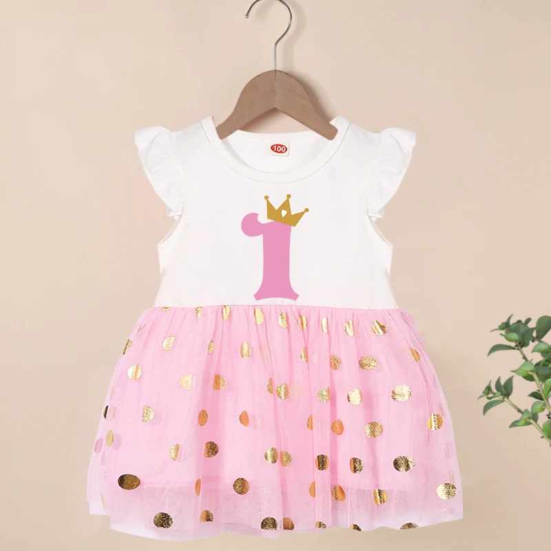 Happy Birthday Print Number 1~6th Girls Flying Sleeve Dresses Cute Kids Party for Girls Princess Dress Tops Baby Girls Clothing