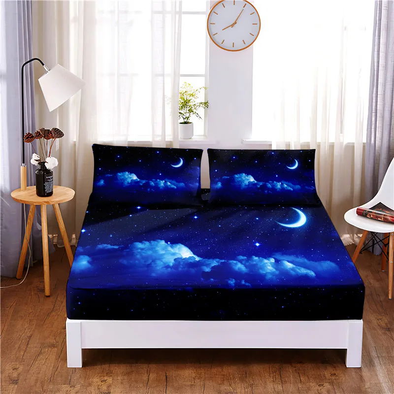 

Moon Sky Digital Printed 3pc Polyester Fitted Sheet Mattress Cover Four Corners with Elastic Band Bed Sheet Pillowcases