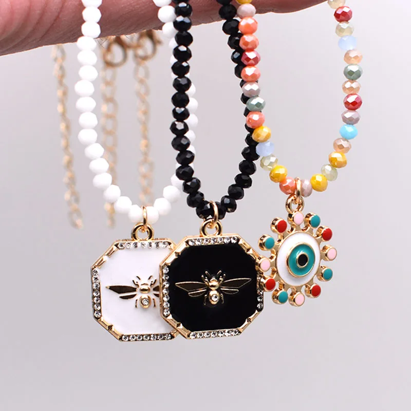 Fashion Alloy Honeybee Evil Eye Charms Hanger Ketting Kristallen Glazen Kralen Ketting Chokers Kettingen Voor Vrouwen Sieraden Party Girl