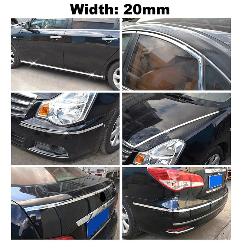 6/12/20mm Car Chrome Trim Piece Strips Headlight Taillight Cover Door Window Body Decorative Strip Moulding Interior Decoration