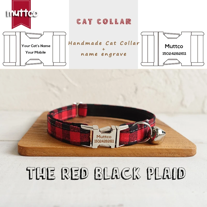 MUTTCO Retailing handmade engraved metal buckle cat collar THE RED BLACK PLAID durable pet necklace collar 2 sizes UCC074