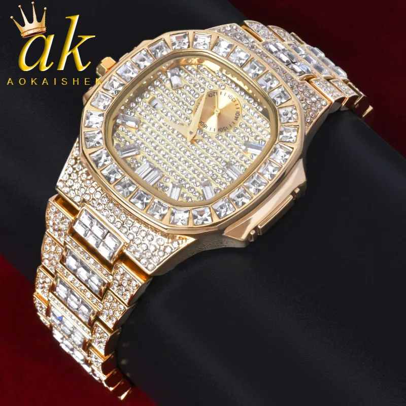 Aokaishen Big Golden Color Watch for Men Square Baguette Military Quartz Clock Business Waterproof  Jewelry 2021 Trend