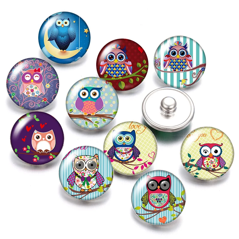 

DB0470 Lovely Owl 18mm snap buttons 10pcs mixed round photo glass cabochon style for snap button jewelry