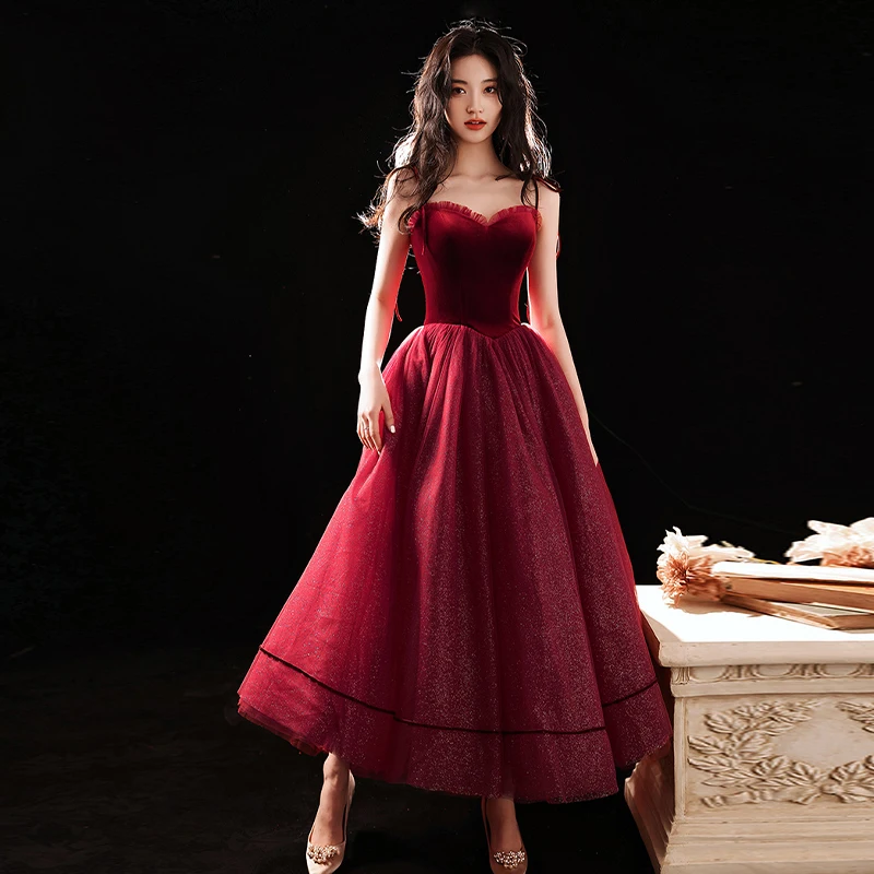 

Evening Dress Burgundy Pleat Ankle-Length Spaghetti Strap Elegant Simple Strapless Empire Tulle Woman Formal Party Gowns A1571