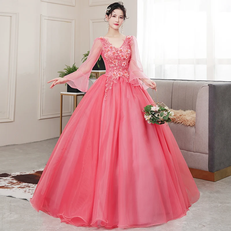 Quinceanera Dresses 2022 Vestidos The Party Prom V-neck Long Sleeve Ball Gown Luxury Lace Appliques Quinceanera Dress Host Dress