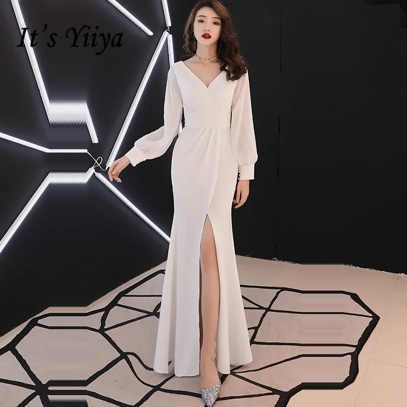 

It's Yiiya White Formal Dress Sexy V-Neck Split Mermaid Plus Size Robe De Soiree K379 Solid Pleat Long Sleeve Dress Woman Party