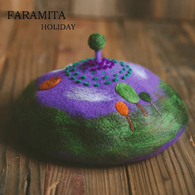 Faramita Holiday Outskirts Trees Women Kids Parents-child French Berets Colorful Handwork Handmade Painter Hats Round Winter Cap