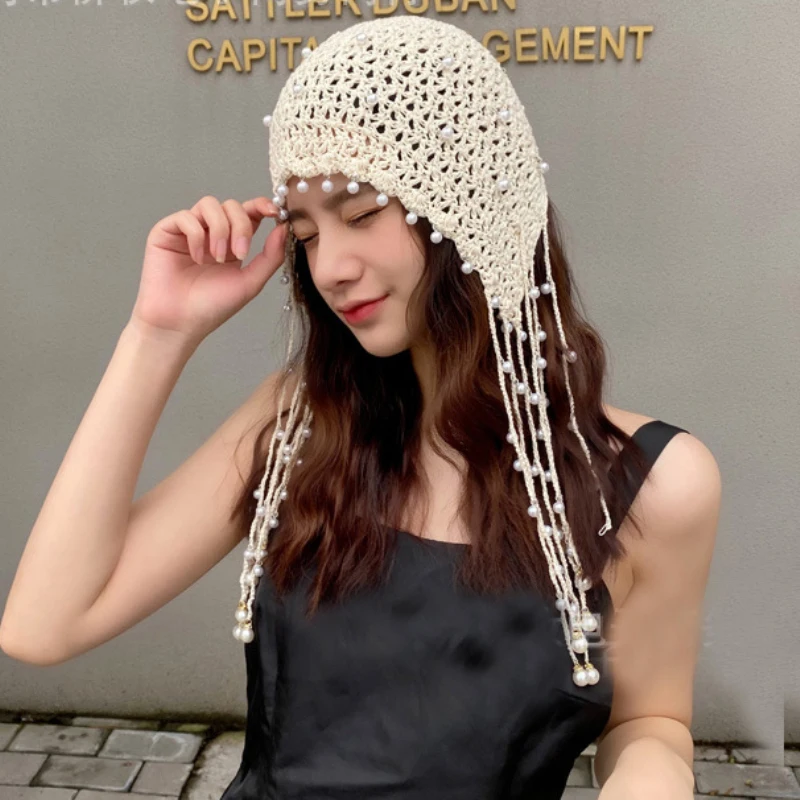 High Quality Women Hat All Seasons Knitted Beanie Hat Lady Crochet Pearl Skullies Beanies Vintage Female Tassels Beanies