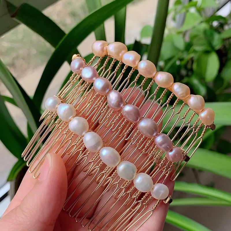 Elegante joyería para el cabello de perlas naturales de agua dulce, accesorios para el cabello nupciales de boda, peines de perlas barrocas de color blanco púrpura, Clip francés