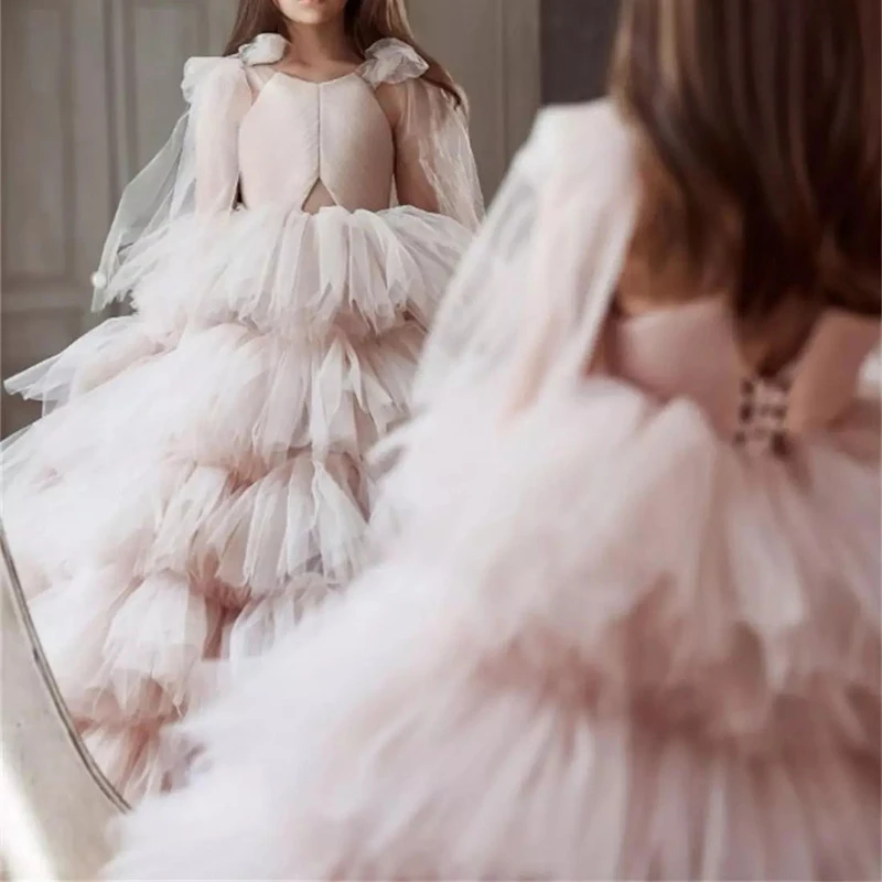 2021 abiti da ragazza di fiore principessa per matrimonio scollo a V increspature gonne a strati abito da ballo per bambini spettacolo abito da prima comunione in Tulle