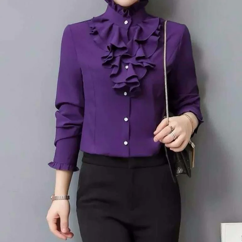 Large Size 5XL Fashion Victorian Blouses Women OL Office Ladies Shirt Stand Neck Frilly Ruffle Cuffs Shirt Female Vintage Blouse