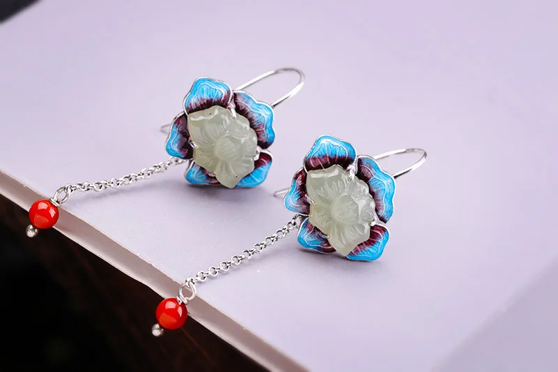 KJJEAXCMY boutique jewelry S925 sterling silver burning blue women's Hetian jade earrings