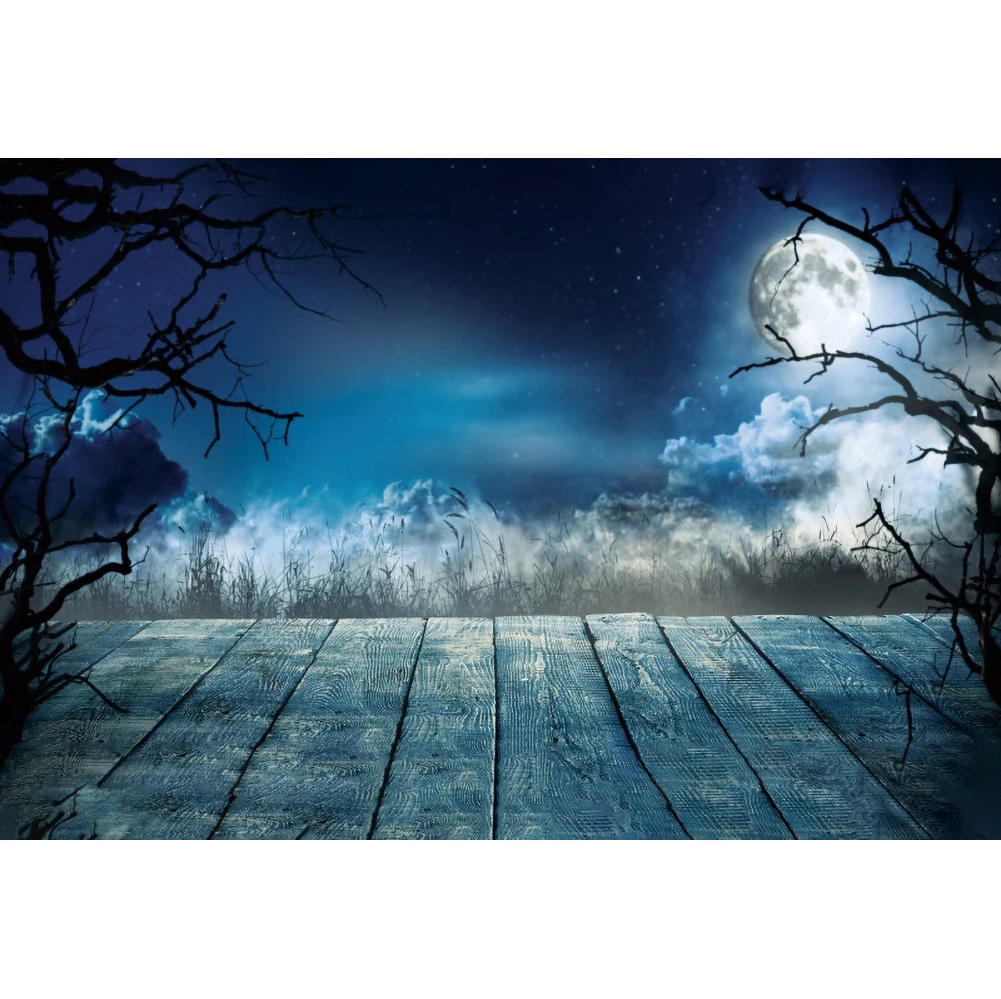 Laeacco drewniane deski noc sceniczny księżyc mgła straszne Halloween Photozone tło do zdjęć tła Photostudio