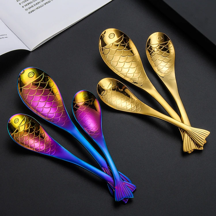 Creative Ice Cream Coffee Spoon 304 Stainless Steel Fish  Shape Tea Dessert Teaspoon Long Handle Spoon Kitchen Tableware