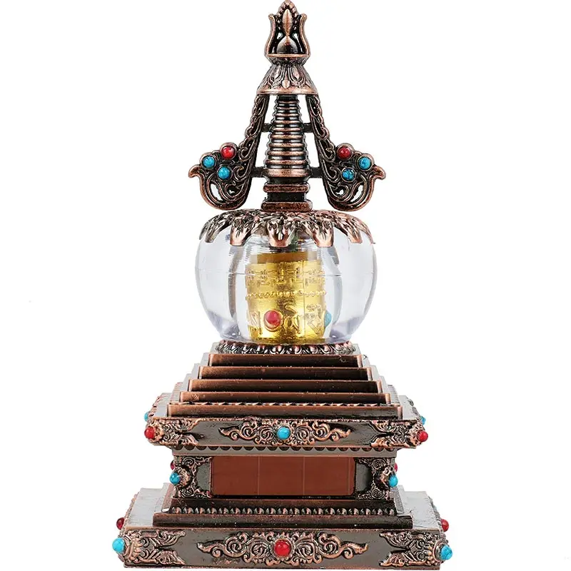 Tibetan Suppliers Gold/Silver/Red Copper Colors 14.5cm Alloy Metal Six Words Mantra Solar Energy Stupa Putting Decoration