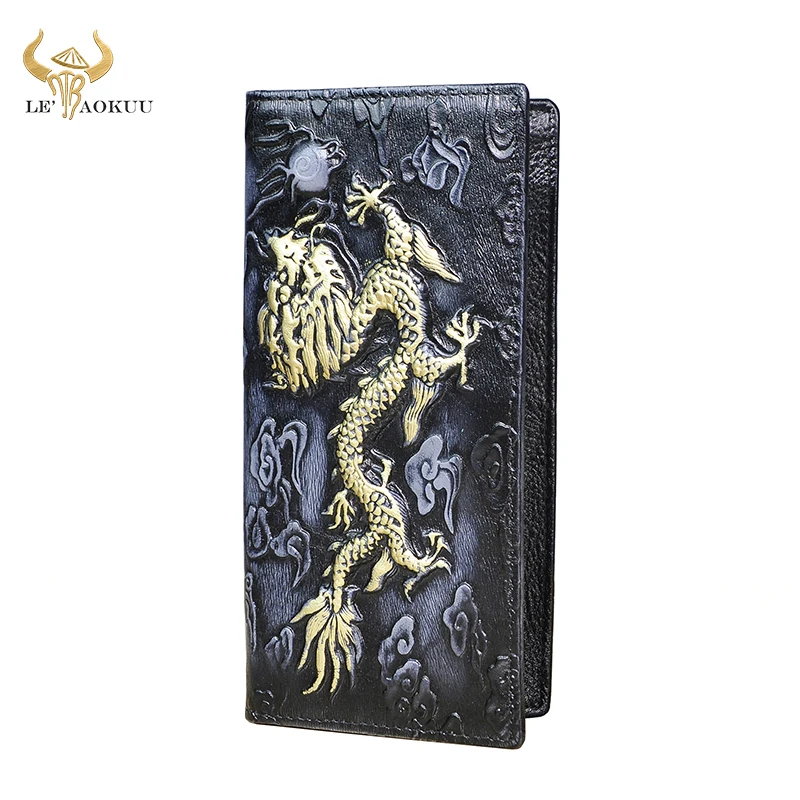 Hot Sale Famous Brand Male Original leather Design Luxury Checkbook Fashion Dragon Emboss Organizer Long Wallet Purse Men 1014