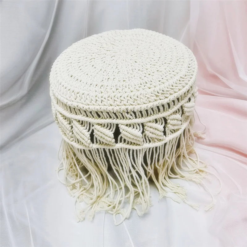 Macrame Low Stool Cushion Cover Woven Hemp Rope Tassel Retro Round Chair Cover Bohemian Sofa Cushion Cover for Boho Decor