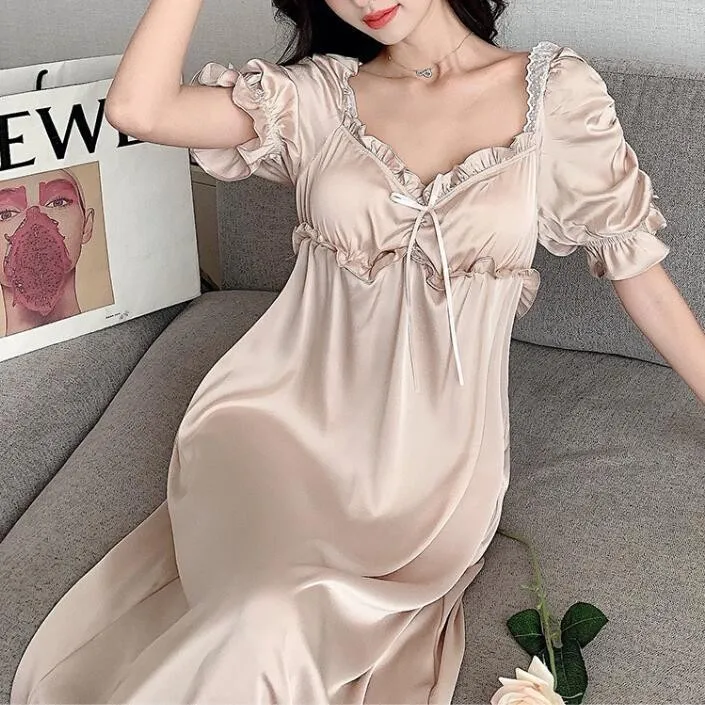 Sexy Long Nightdress For Women Spring Summer Rayon Nightgown Sleepwear White Patchwork Lace Home Dressing Gown Loose Nightwear