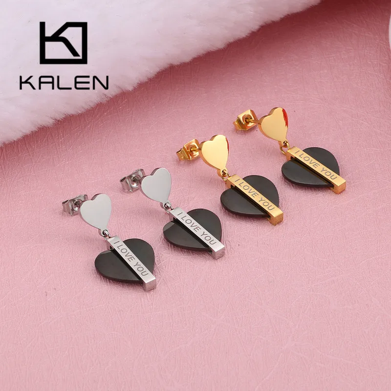 Kalen Romantic Heart Letter I Love You Chain Necklaces Drop Earrings Sets For Women Tri-color Stainless Steel Lady Jewelry Sets