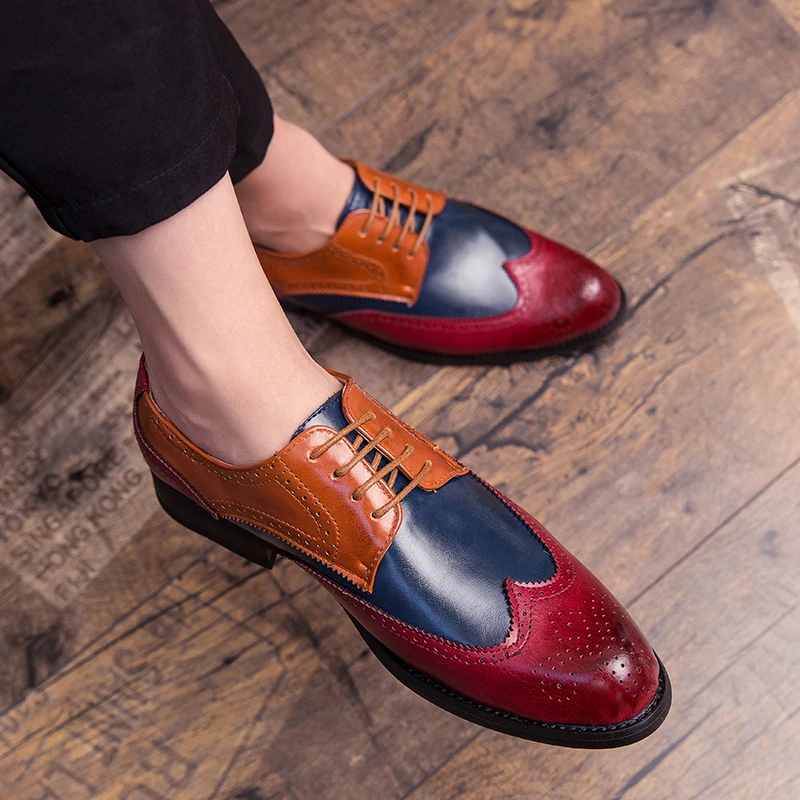 Big Size 38-47 British Men Oxfords Leather Shoes Green Blue Brogue Shoes Handmade Formal Dress Loafers Mixed Color Fashion Flats