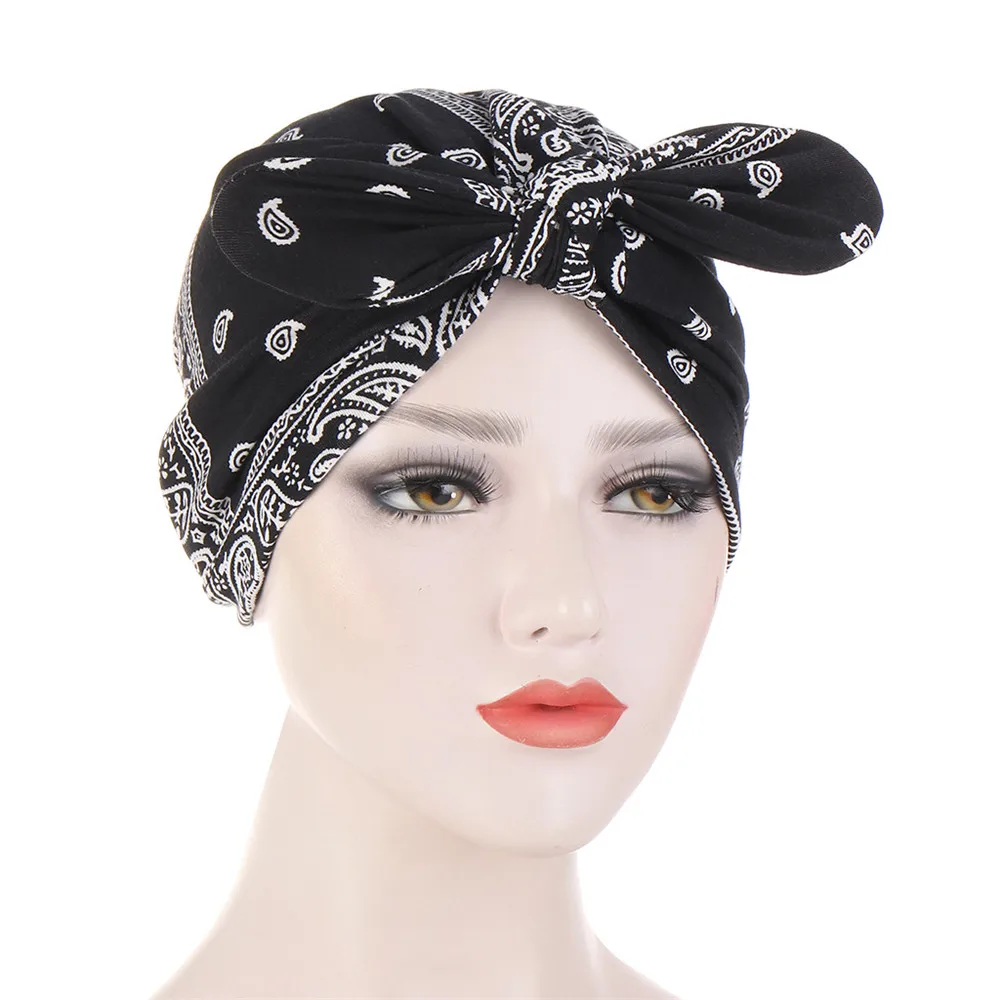 Indian Print Muslim Bowknot Hijab Chemo Cap Inner Hat Bonnet Cancer Hair Loss Turbante Strech Headwrap Scarf Cover Femme Beanies