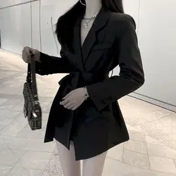 Chaqueta elegante de manga larga para mujer, traje de oficina con cinturón, color blanco y negro, Primavera, 2023