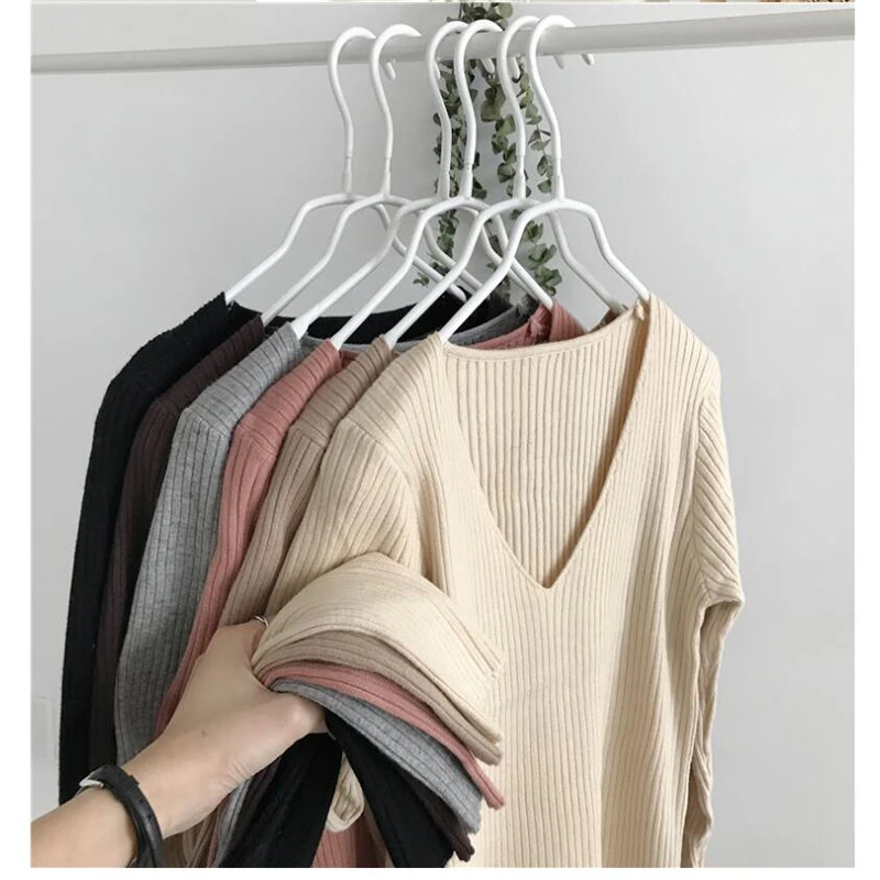 New Korean Autumn V Neck Sweater Knitted Fashion Sweaters Slim Winter Tops For Women Pullover Jumper Pull