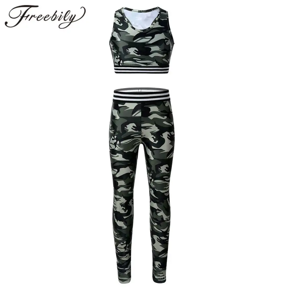 Girls Sport Sets Camouflage Printed  Sleeveless Racer Back Tanks Crop Top with Leggings Pants Kids Teens Girl Tracksuit Outfit