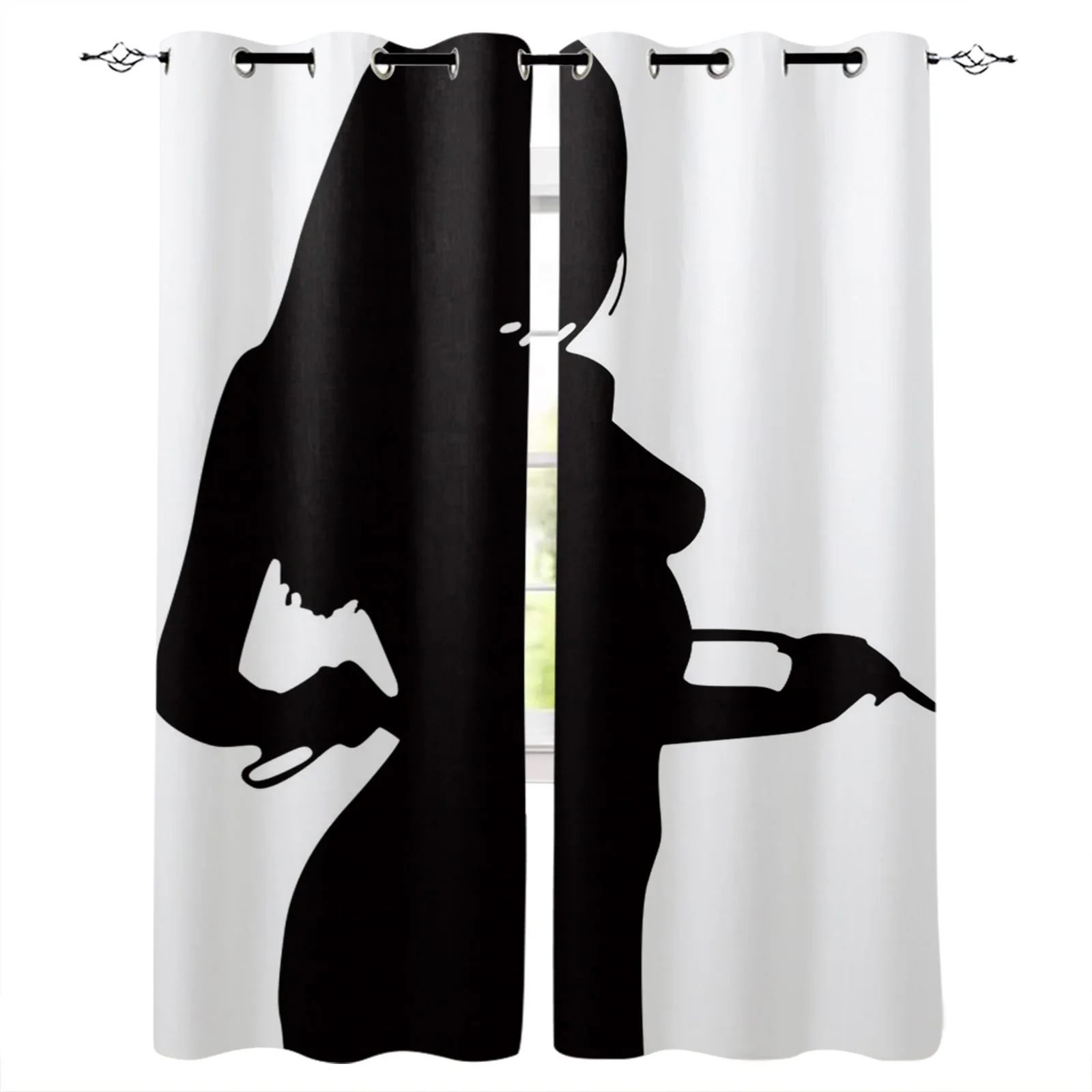 Black And White Lady Shadow Blackout Curtains for Children Kids Home Decor Bedroom Living Room High Shading Window Curtains