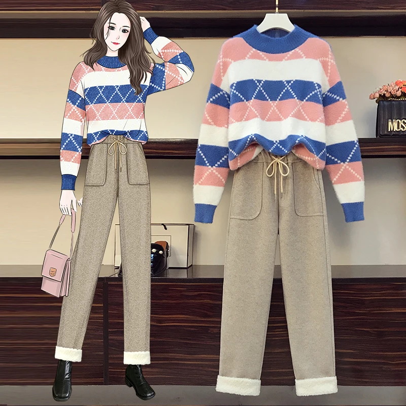 Plus Size Winter Women Tracksuit Stripe Knit Sweater Tops And Woolen Pants Matching Outfit Large Two Piece Set Female Warm Suit