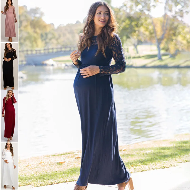 Lace Pregnant Long Dress Women Casual Long Sleeve O Neck Hollow Out Evening Party Long Maxi Maternal pregnancy dresses