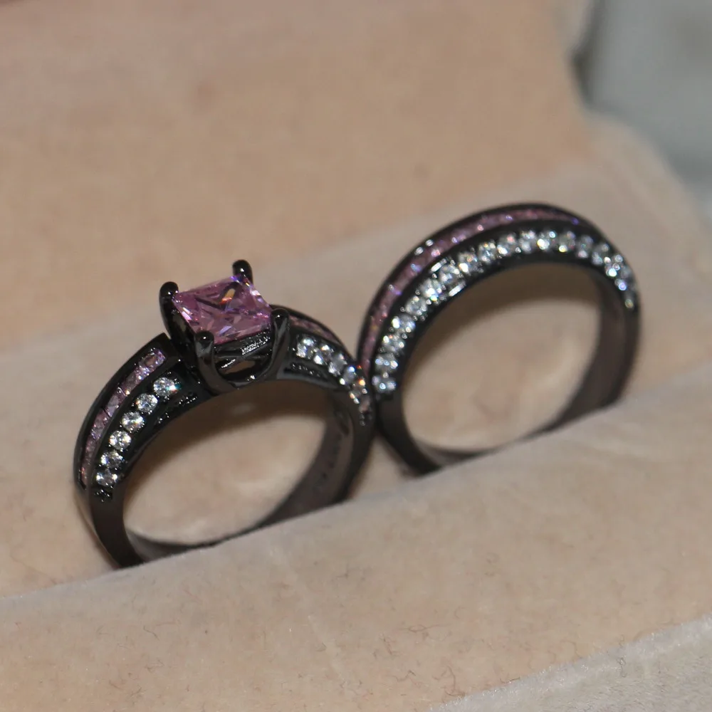 Vintage Pink Diamond Ring Sets 10KT Black Gold Filled Engagement Wedding Band Rings for women Bridal set Promise Party Jewelry
