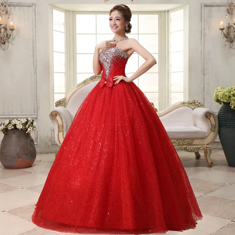 Vestido de casamento sem alças, Princess Gown, Doce laço romântico, Design clássico, Vermelho, Casamento