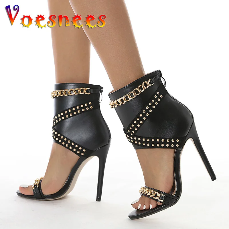 Black Ankle Women Shoes High-quality Genuine Leather Chain Rivet Studded Female Sandals New Summer Fashion Rock Style High-heels