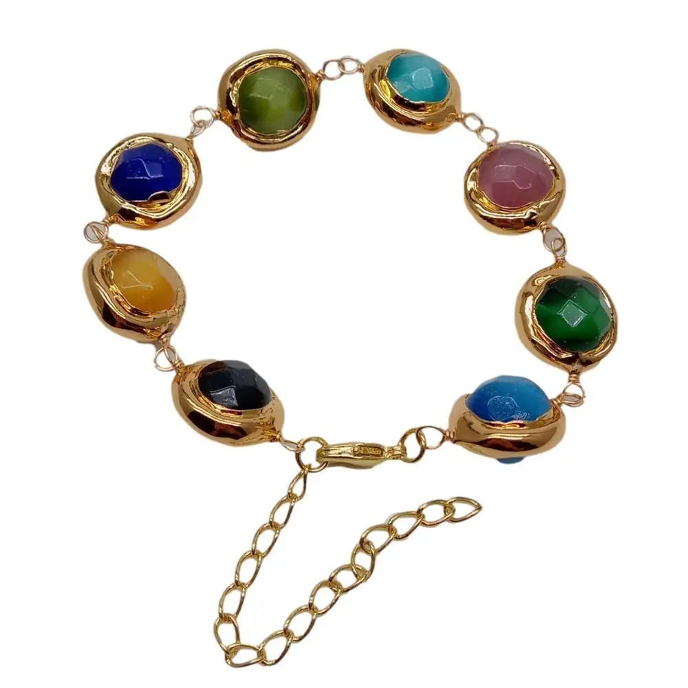 Y·YING 15mm Multi Color Faceted Cat Eye Gold Plated Edge Wrap Bracelet 8