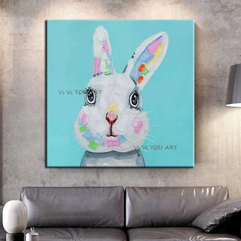 100% Hand Painted Oil Painting Animal Cute Bunny Abstract Wall Art Home On Canvas Pictures Children Room Decor Unframed