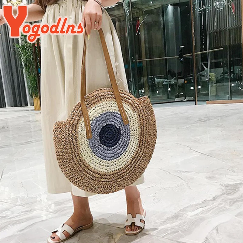 Yogodlns Sommer Strohs ack Frauen runde Strand tasche gewebte handgemachte Rattan Schulter Urlaub große Kapazität Griff Bolso Sack