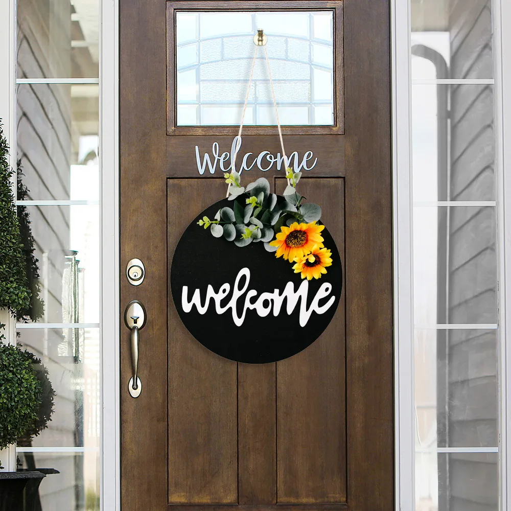 

Round Wooden Welcome Sign Door Hanging Home Art Craft Ornament Bow Sunflower Decorate for Garden Doorway Living Room Wall Plaque