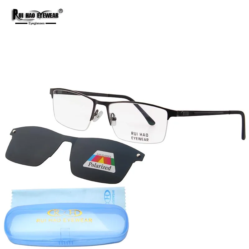 Half Rimless Eyeglasses Frame and Clip on Sunglasses Rectangle Glasses Men Rui Hao Eyewear Brand Optical Frame 94007