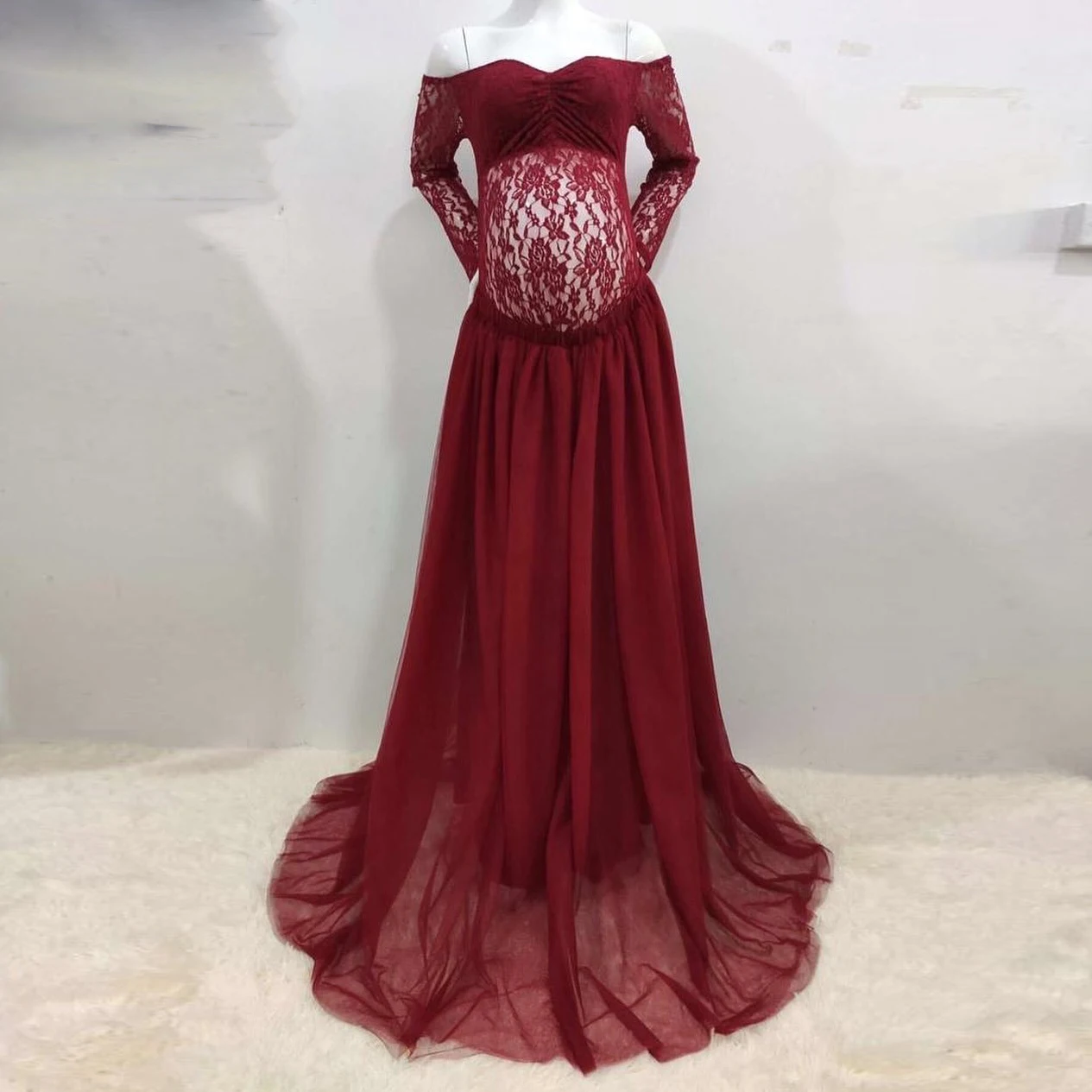 Burgundy Lace Appliques Maternity Photoshoot Dresses Off The Shoulder Long Sleeves Photo Shoot Dress Pregnancy Clothes Robe