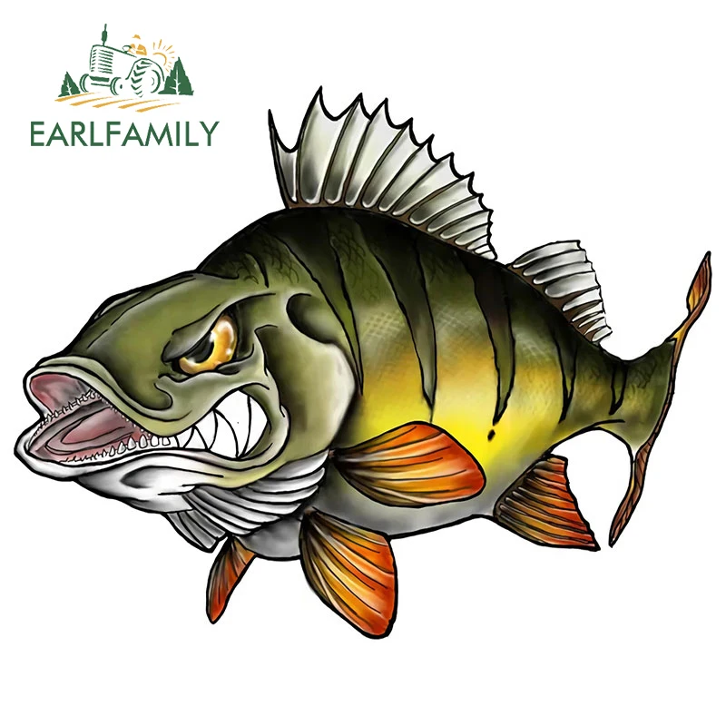 EARLFAMILY 13cm x 10.3cm Cartoon Sharp Teeth Horror Fish Car Sticker Car Bumper Window Decals Fishing Art Waterproof Car Styling