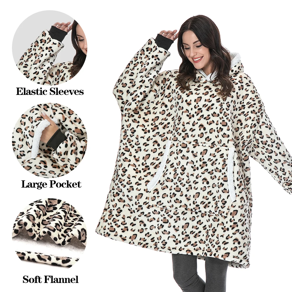 Leopard Fleece Hoodie Sweatshirt Women Oversized Hoodie Blanket With Sleeves and Pocket Oversize Pullover Sudaderas