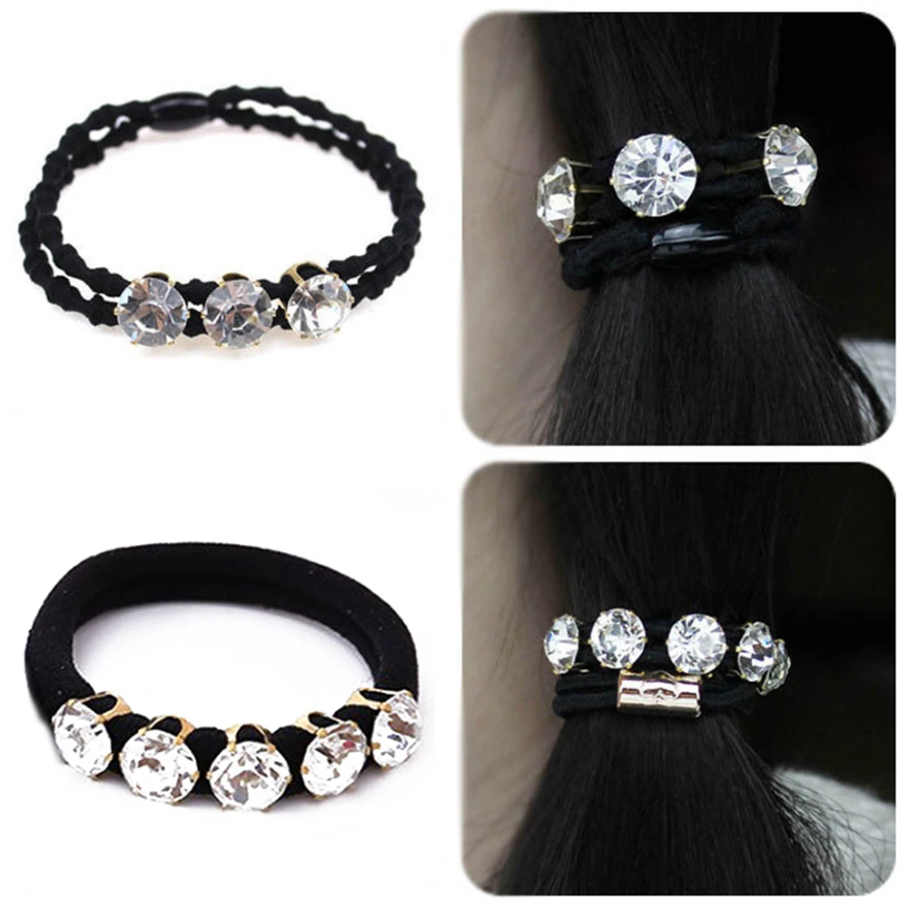 Big Diamonds Hair Ties Black Shiny Rhinestone Seamless Rubber Band Elastic Hair Rope Korean Fashion Hair Ring Hair Accessories