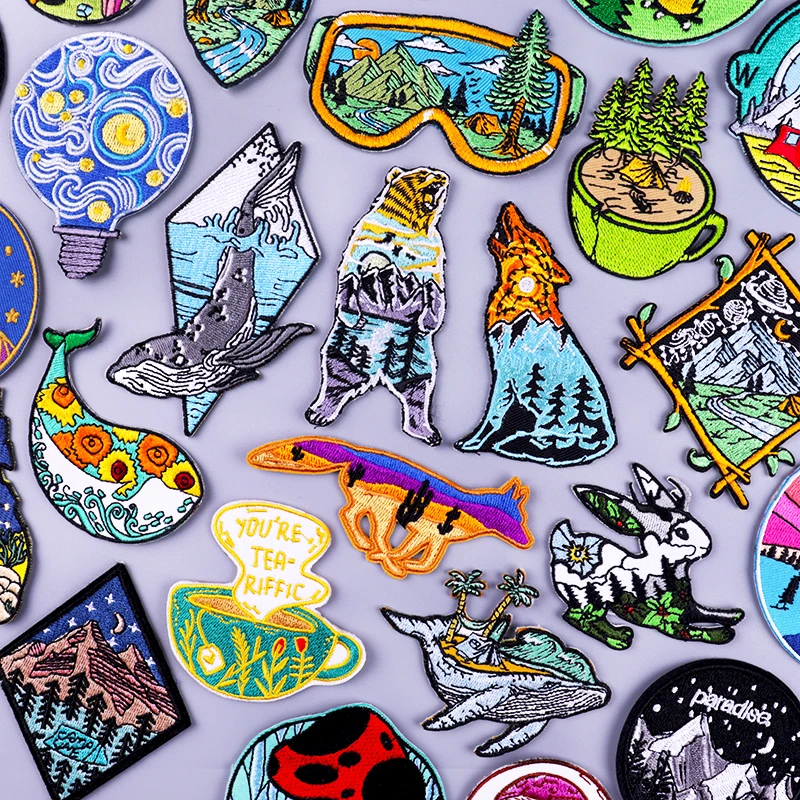 Wilderness Patch Iron On Patches On Clothes Bear Wolf Embroidery Patches For Clothing Stripe Badge Wave Whale Patch For Clothes
