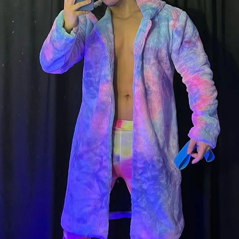 Male Long Fur Color Tie-dye Long Coat Leggings Festival Rave Outfit Gogo Costume Burning Man Nightclub Dj Ds Clothing XS3148