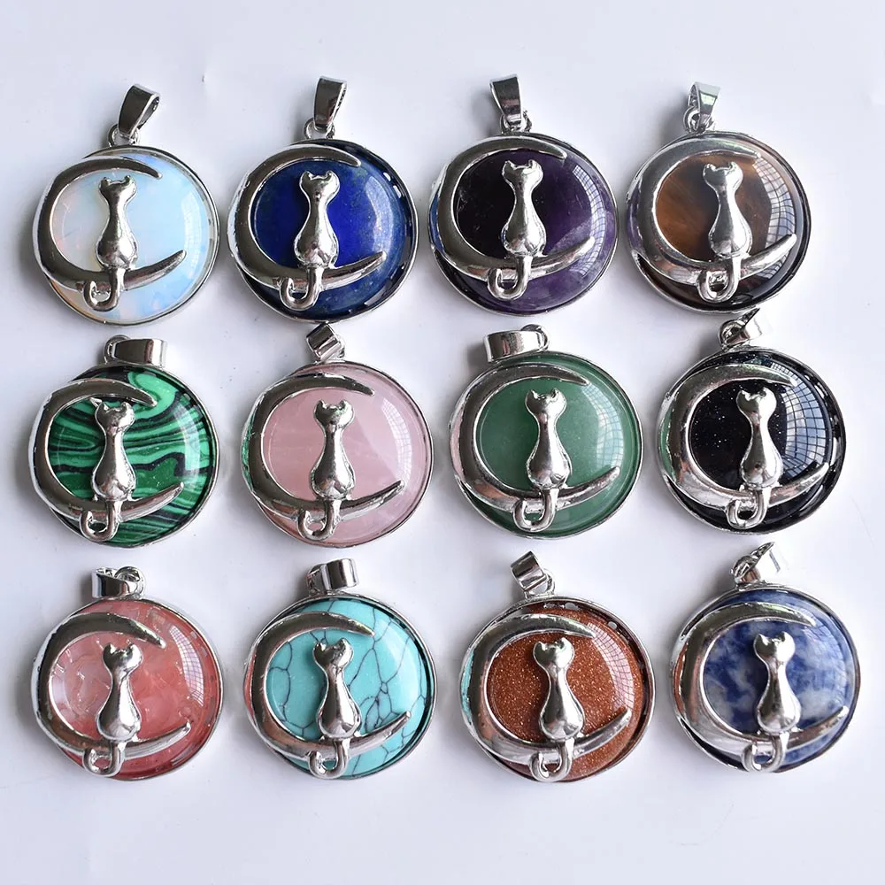 

New Fashion Cat Moon Pendant for Necklace Round Natural Stone Cute Kitten Lucky Jewelry Fit Women Necklaces Gift Wholesale12pcs