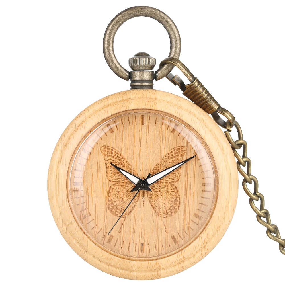 Classic Bamboo Pocket Watch Unique Pattern Dial Pocket Watch Chain Pendant Watch for Women Men