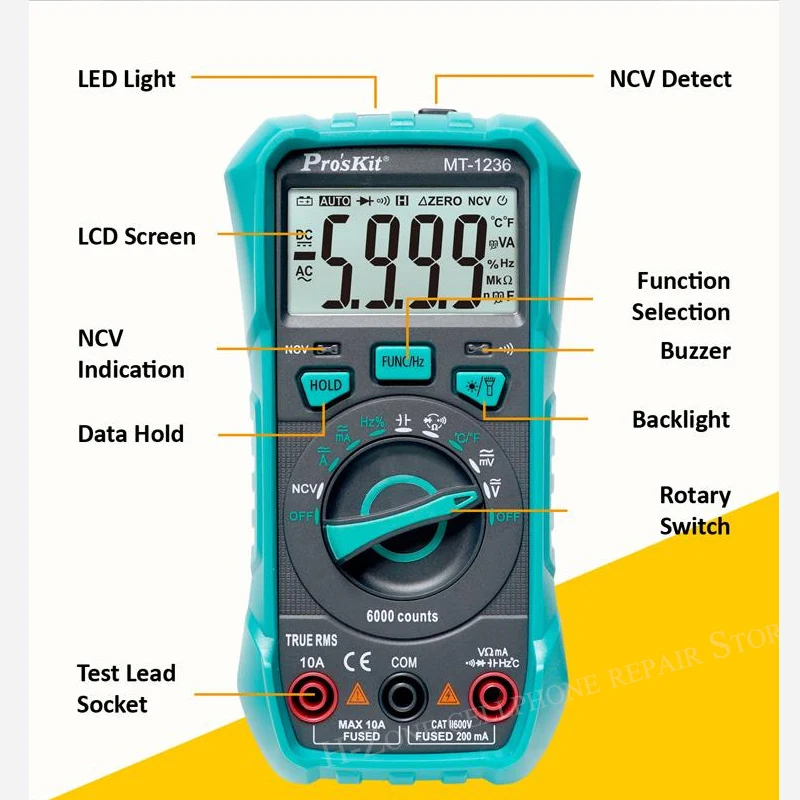 Pro\'sKit MT-1236 3-5/6 True RMS cyfrowy multimetr ACA ACV DCA DCV zakres automatyczny elektryk odporny na oparzenia miernik LED oświetlenie